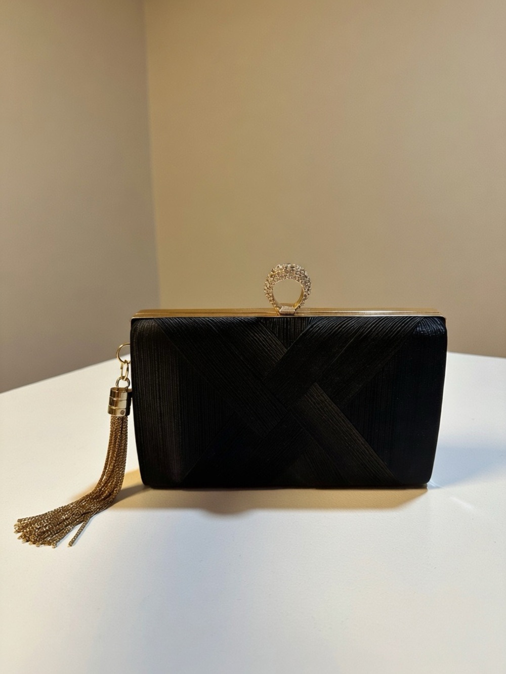 Black Satin Evening Clutch with Gold Tassel. NEVER USED